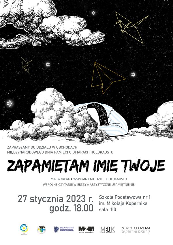 na górze plakatu czarno biały rysunek, cza czarnym tle białe gwiazy, po środku tekst główny zapamiętam twoje imię, poniżej...