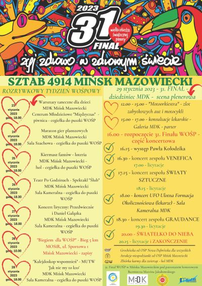 plakat WOŚP z harmonogramem wydarzeń i logo wydarzenia