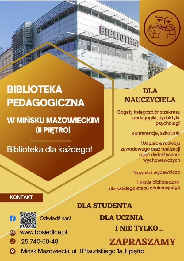 na górze fotografia budynku biblioteki, po środku tytuł główny biblioteka pedagogiczna w Mińsku Mazowieckim, na dole podane...