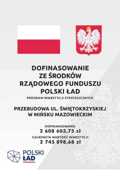 na górze flaga i herb Polski, po środku inforamcje dotyczące dofinansowania ze środków rządowego funduszu polski ład, na...