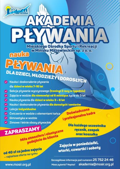 plakat z tytułem głównym na górze Akademia Pływania MOSiR Sp. zo.o. po środku informacje dotyczące przedsięwzięcia poniżej...