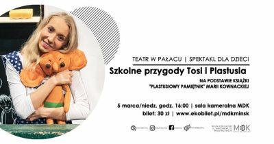 po lewej stronie w kole kobieta tuli misia po prawej stronie informacje dotyczące wydarzenia teatr w pałacu spektakl dla...