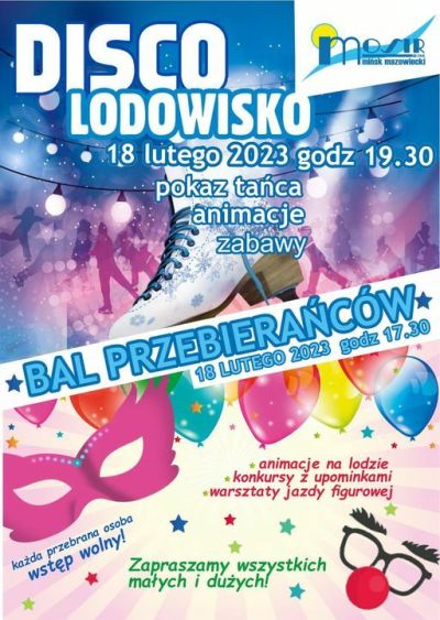 plakat z tytułem głównym Disco lodowisko po środku napis Bal przebierańców po spodem balony kolorowe maski