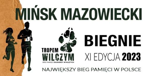 Na białym tle informacje. Po środku odcisk łapy psa. Po lewej na brązowym tle dwójka biegaczy