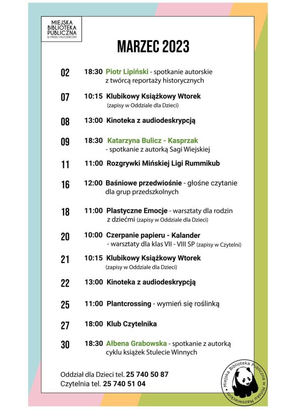 plakat z wydarzeniami na marzec w MBP