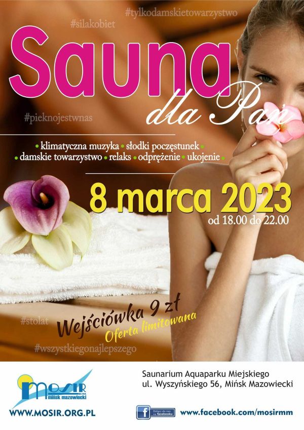 plakat promocyjny z tytułem główny, Sauna dla Pań 8 marca 2023 od 18:00 - 20:00