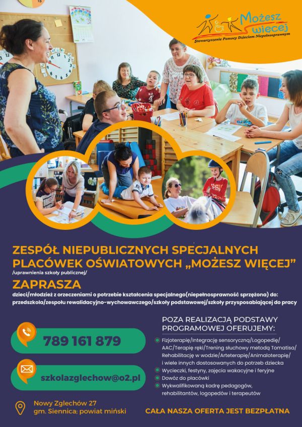 plakt promocyjny z tytułem głównym zespół niepublicznych specjalnych placówek oświatowych "możesz wiecej" zaprasza