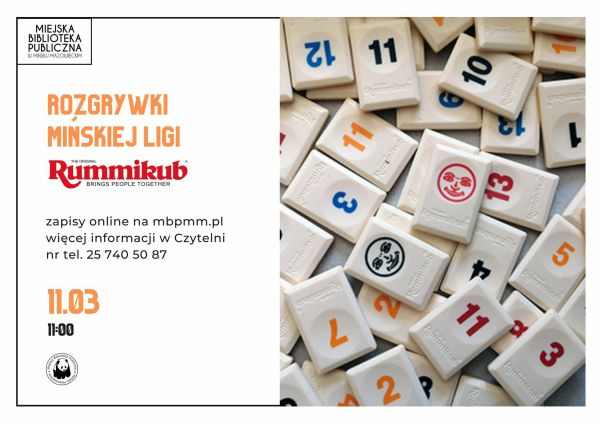 po lewej stronie informacje dotyczące wydarzenie z tytułem głównym Rozgrywki Mińskiej Ligi Rummikub, po prawej stronie...