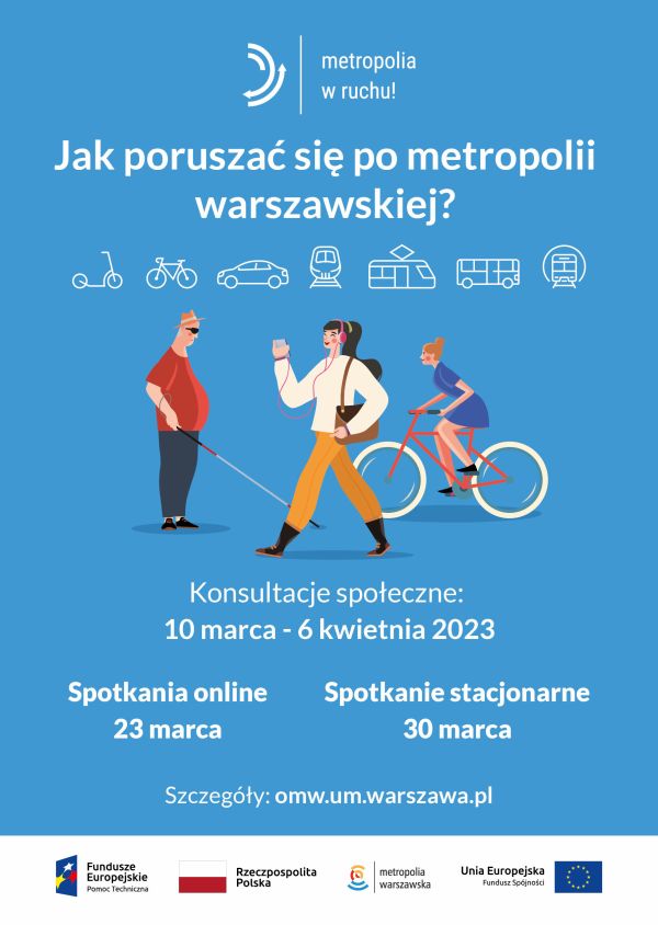 plakat informujący z tytułem głównym jak poruszać się po metropolii warszawskiej?