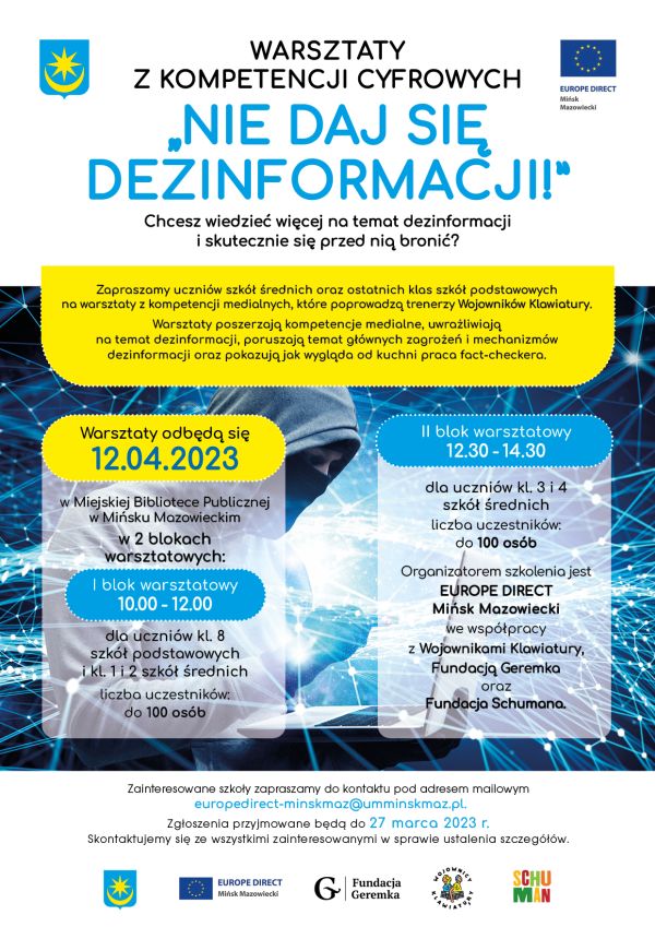 plakat informacyjny z tytułem głównym warsztaty z kompetencji cyfrowych "Nie daj się dezinformacji"