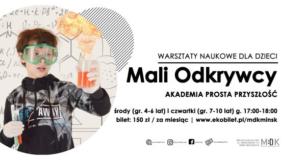 po lewej stronie chłopiec w okularach do eksperymentów, w jednym ręku trzyma fiolki, w drugim menzurkę, po prawej stronie...