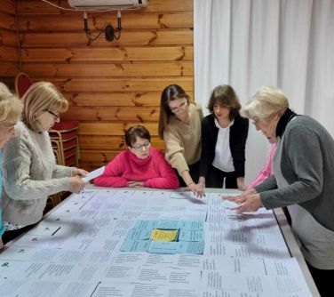 kobiety stoją nad stołem na którym ułoóżne są opisane kartki