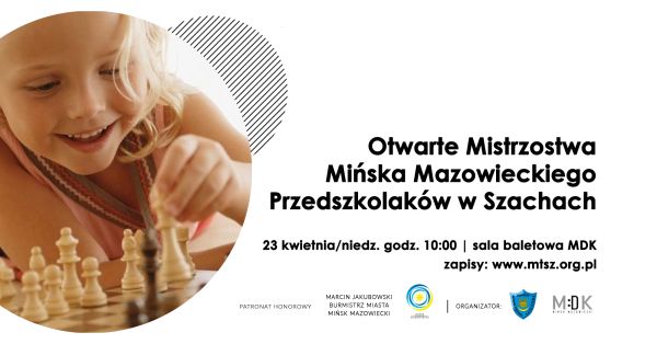 po lewej stronie w kole usmiechnięta dziewczynka gra w szachy, po prawej stronie informacje dotyczące wydarzenia