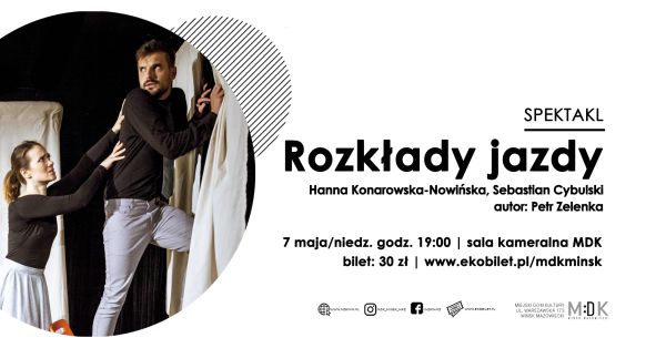 po lewej stronie mężczyzna opiera się z przerażeniem o ściane kobieta podtrzymuje go dlońmi, po prawej stronie informacje...