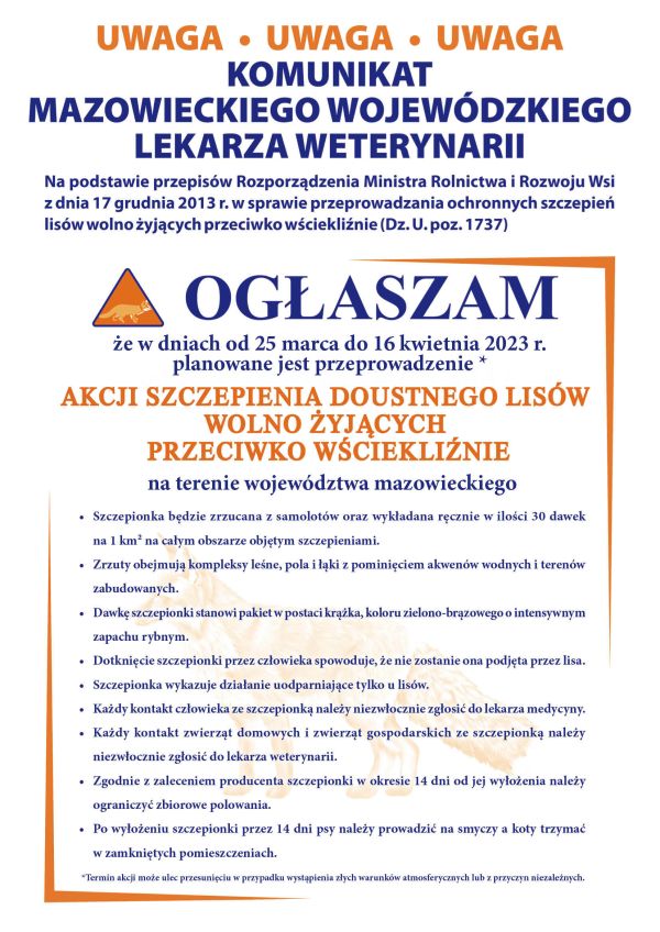 plakat z tytułem głównym komunikat mazowieckiego wojewódzkiego lekarza weterynarii