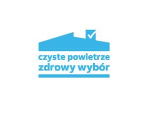 Na białym tle niebieskie logo czystego powietrza