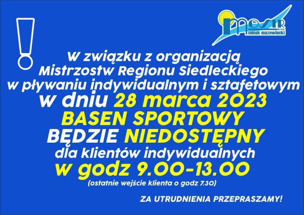 plakat z tytułem głównym 28 marca basen sportowy niedostepny w godzinach 9:00-13:00