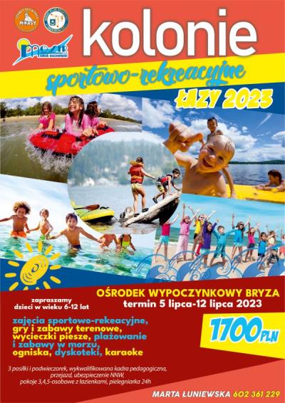 plakat z tytułem głównym kolonie sportowo-rekreacyjne Łazy 2023