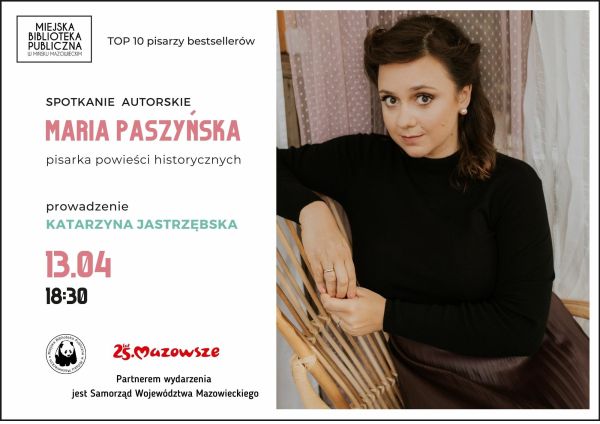 po lewej stronie z tytułem głównym spotkanie autorskie Maria Paszyńska po prawej stronie zdjęcie siedzącejkobiety
