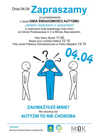 plakat z tytułem głównym Zapraszamy na przedstawienie z okazji Dnia Świadomości Autyzmu