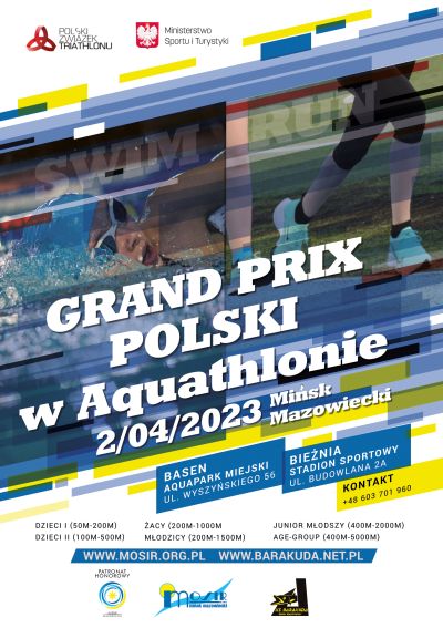 plakat z tytułem głównym Grand Prix Polski w Aquathlonie