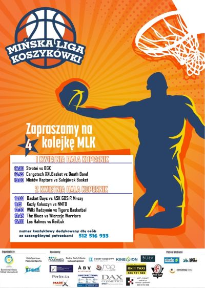 plakat z tytułem głównym mińska liga koszykówki, zapraszamy na 4 kolejkę MLK