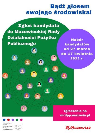 plakat z tytułem głównym bądź głosem swojego środowiska. ZGłoś kandydata do mazowieckiej Rady Działalności Pożytku...