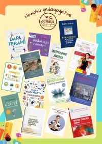 plakat z tytułem głównym Nowości pedagogiczne, zdjęcia książek