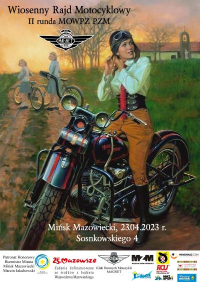 plakat z tytułem głównym Wiosenny Rajd Motocyklowy II runda MOWPZ PZM, kobieta siedzi na motorze