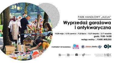 po lewej stronie w kole kolorowe rzeczy wystawione na sprzedaż, na dole znak stop, między rzeczami osoby, informacje...
