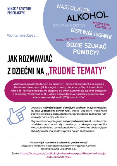 w prawym górnym rogu hasła alkohol, nastolatek, rozważna kontrola, gdzie szukać pomocy?, po środku łapka wskazująca tekst,...