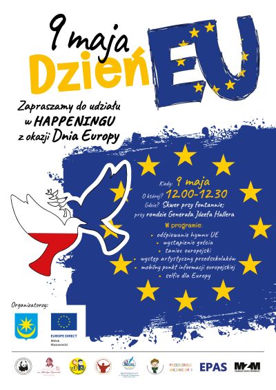 tytuł glówny 9 maja Dzień Europy, po lewej stronie na środku dwa gołębie z flagami UE i Polski, na dole loga, informacje...
