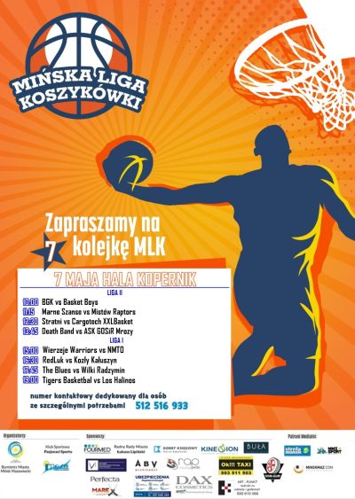tło mężczyzny w podskoku z piłką koszykową w dłoni, próbuje wrzucić piłkę do kosza, tytuł główny na górze Mińska Liga...