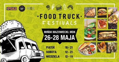 po prawej stronie zdjęcia dań, po lewej szkic fodd trucka z hamburgerem na dachu, informacje zawarte na plakacie znajdują...