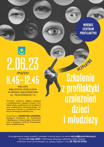 po środku zginający się w pół mężćżyzna kierujący ku górze dłonie gdzie na szarym tle w okręgach oczy ludzi, informacje...