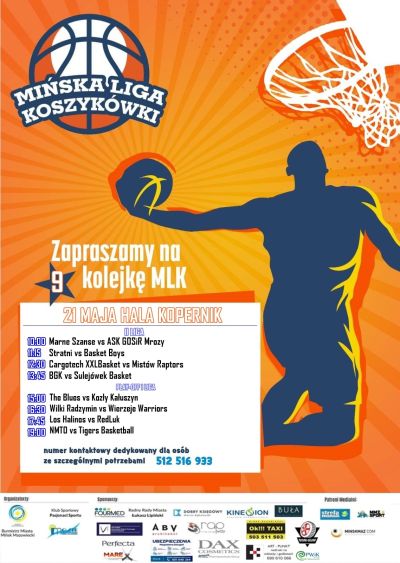 po prawej stronie zarys koszykarza lewą ręką robi zamach chce wrzucić piłkę do kosza, tytuł główny mińska liga koszykówki,...