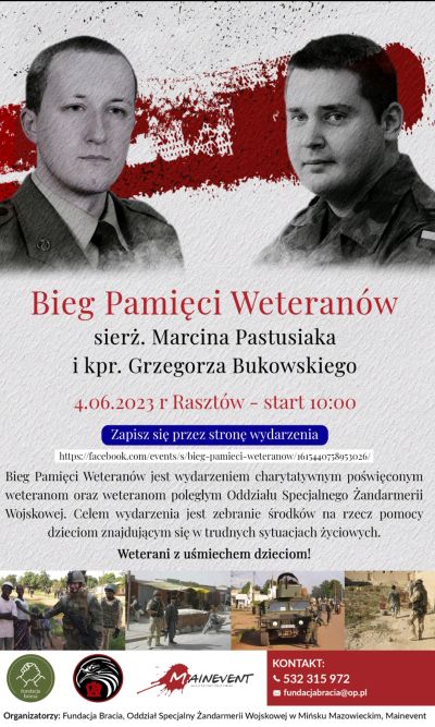 na górze szare zdjęcia dwóch żołnierzy, na dole cztery zdjęcia żołnierzy, poniżej loga, informacje zawarte na plakacie...