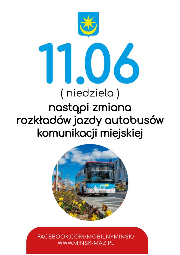 po środku w kole zdjęcie autobusu miejskiego, na górze informacje zawarte na plakacie znajdują się w treści artykułu...
