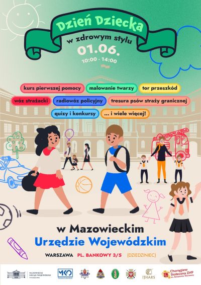 rysunek dzieci i dorosłych z dziećmi spacerujących przed siedzibą urzędu, zarysy auta, straży pożarnej, drzewa piłki,