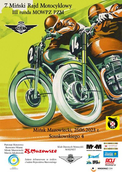 rysunek dwóch motocyklistów na motorach, informacje zawarte na plakacie znajdują się w treści artykułu zamieszczonego na...