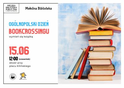 po prawej stronie ułożone na sobie książki, na samej górze otwarta książka, informacje zawarte na plakacie znajdują się w...