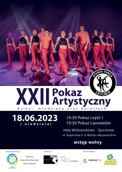na górze grupa taneczna na scenie, informacje zawarte na plakacie znajdują się w treści artykułu zamieszczonego na stronie