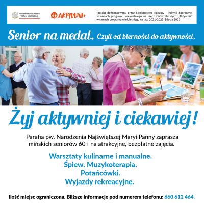zdjęcia seniorów,  informacje zawarte na plakacie znajdują się w treści artykułu zamieszczonego na stronie