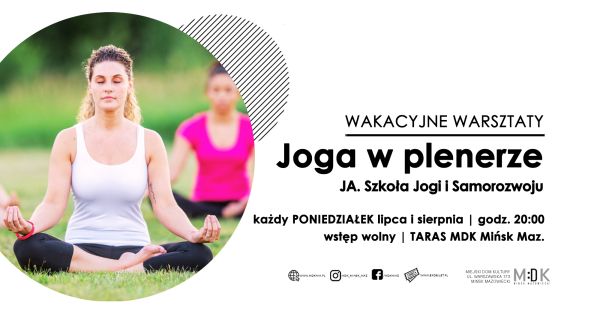 po lewej stronie na trawie siedzi kobieta po turecku z zamkniętymi oczami, informacje zawarte na plakacie znajdują się w...