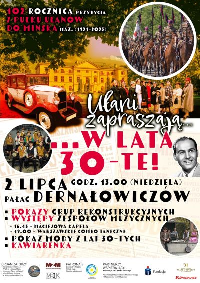 na górze zdjęcie samochodów osób ubranych z lat 20-sych, informacje zawarte na plakacie znajdują się w treści artykułu...