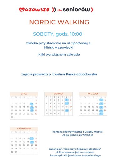 na górze logo Mazowsze dla seniorów, napis nordic walking, poniżej harmonogram zajęć, jego treść znajduje się w pliku PDF...