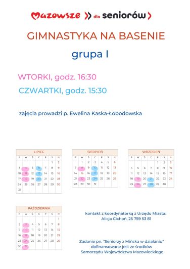 na górze logo Mazowsze dla seniorów, napis gimnastyka na basenie grupa I, poniżej harmonogram zajęć, jego treść znajduje...