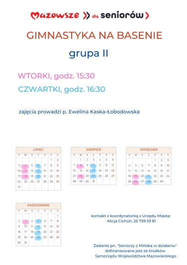 na górze logo Mazowsze dla seniorów, napis gimnastyka na basenie grupa II, poniżej harmonogram zajęć, jego treść znajduje...
