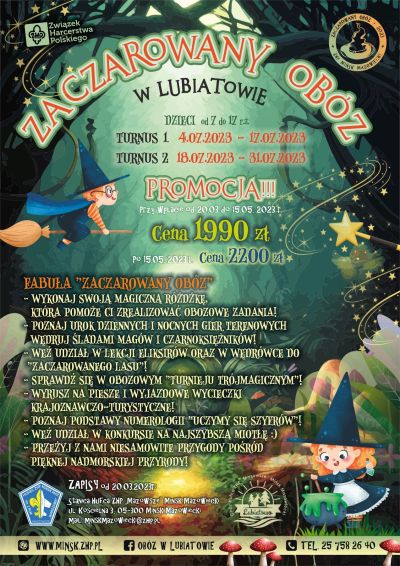 na górze rysunek dziecka lecącego na miotle w kapeluszu czarodzieja, na dole po prawej stronie rysunek dziewczynki w...