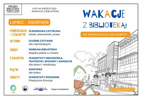 po prawej stronie napisa Wakacje z Biblioteką! od poniedziałku do soboty, poniżej rysunek przedstawiący budynek biblioteki,...
